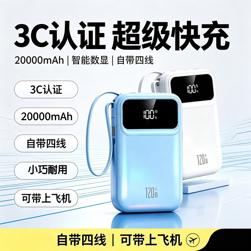充电宝20000毫安3C认证可上飞机超级快充大容量新款超薄小巧便携自带线费尔班正品适用手机通用移动电源闪充