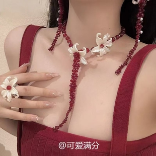 「红鸳记」中古鸢尾花红色串珠项链复古轻奢精致高级感夸张锁骨链