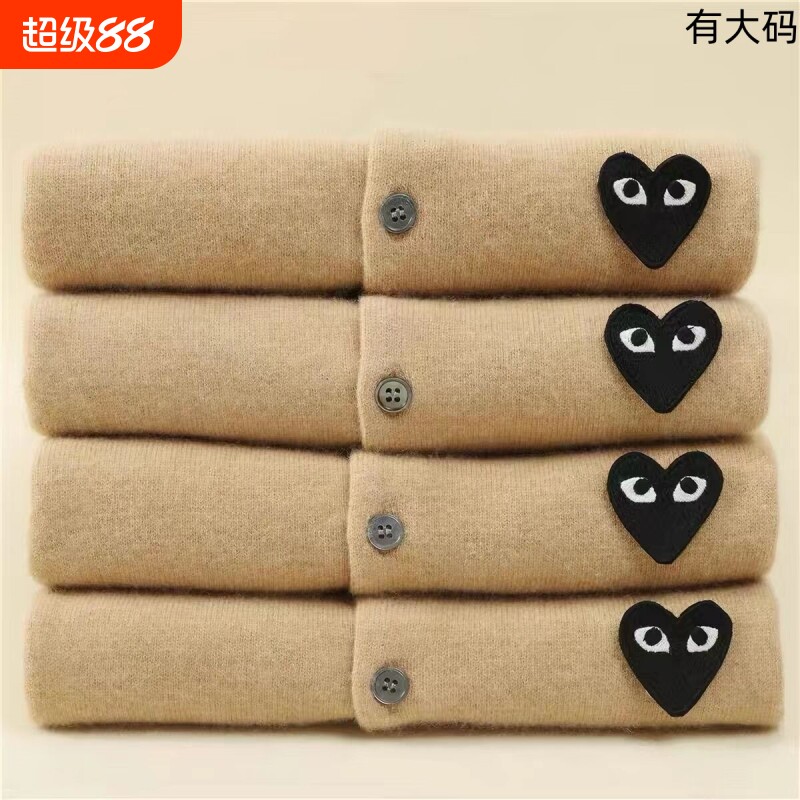 100%纯羊毛开衫女刺绣PLAY纯色针织羊毛衫情侣大码毛衣外套黑