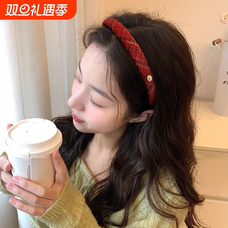 港风氛围感红色格子发箍女2026新款秋冬复古高级感新年头箍发饰