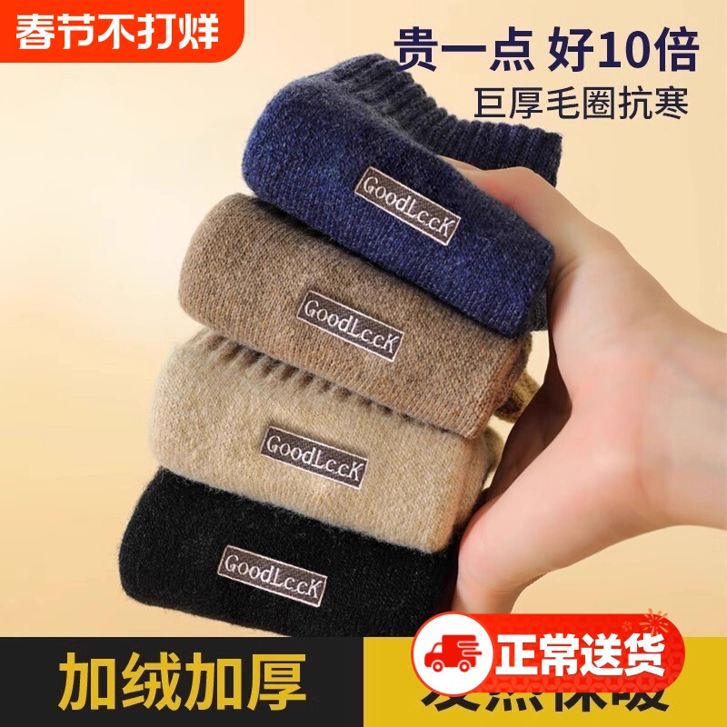 羊毛袜子男秋冬款加绒加厚中筒袜防臭保暖毛圈袜冬天纯棉男士长袜