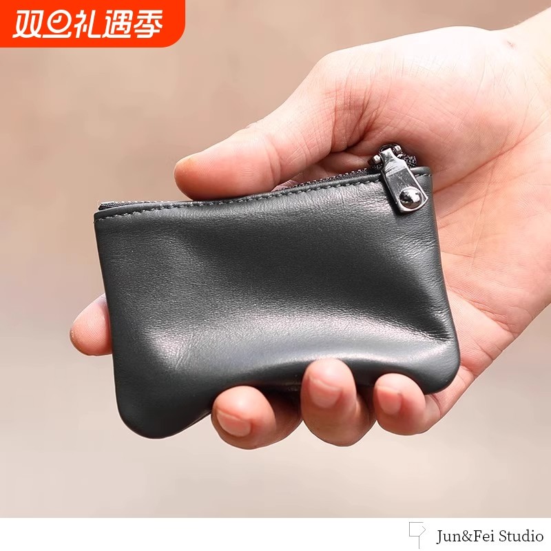 新款真皮质感拉链零钱钥匙包男士短款纯色小钱包迷你硬币手包女
