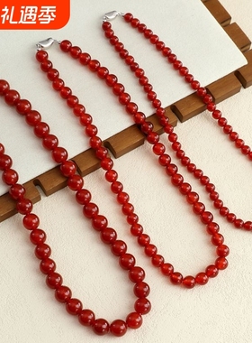 天然红玛瑙喜庆红项链小众串珠个性百搭锁骨链女高级感玉髓毛衣链