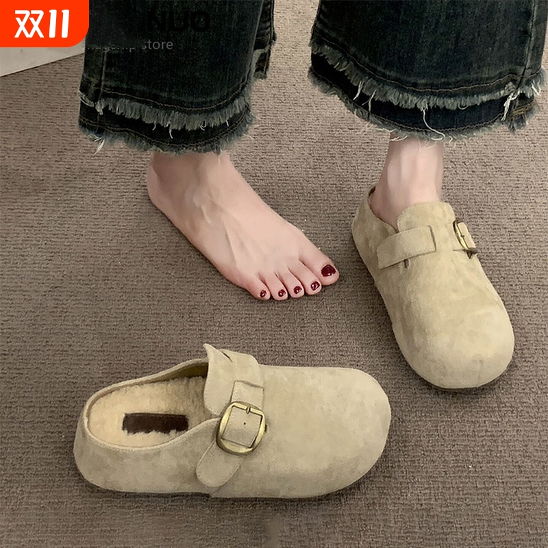 2025新款厚底勃肯鞋扣带包头半拖外穿一脚蹬加绒保暖毛绒拖鞋复古