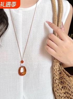 新中式几何图形吊坠长款项链女百搭高级感挂脖毛衣链锁骨链配饰