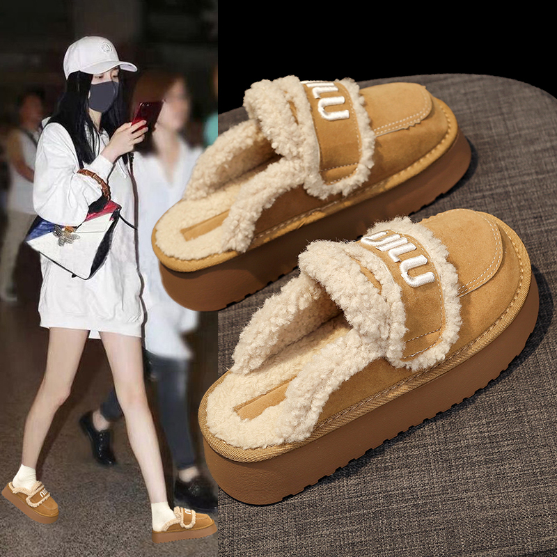 网红包头半拖鞋女秋冬2025新款外穿懒人松糕厚底加绒棉拖ins休闲