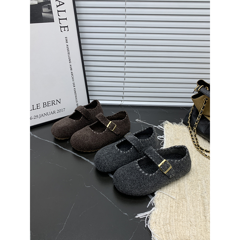 【韩小姐】复古毛呢内增高玛丽珍鞋女2025秋季新款编织加绒勃肯鞋