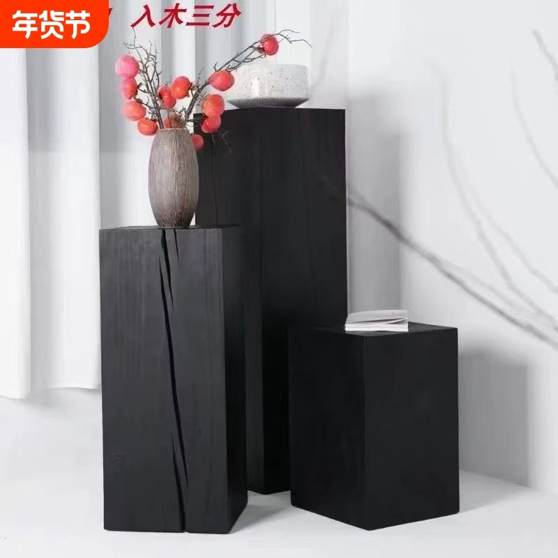 实木方形木墩子花架花几碳化黑色树桩底座木桩茶几坐凳摆件边几
