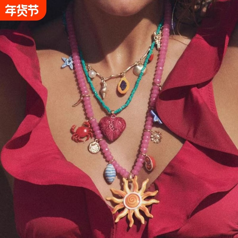 波西米亚海洋风项链度假太阳爱心吊坠手工串珠锁骨链饰品女多巴胺