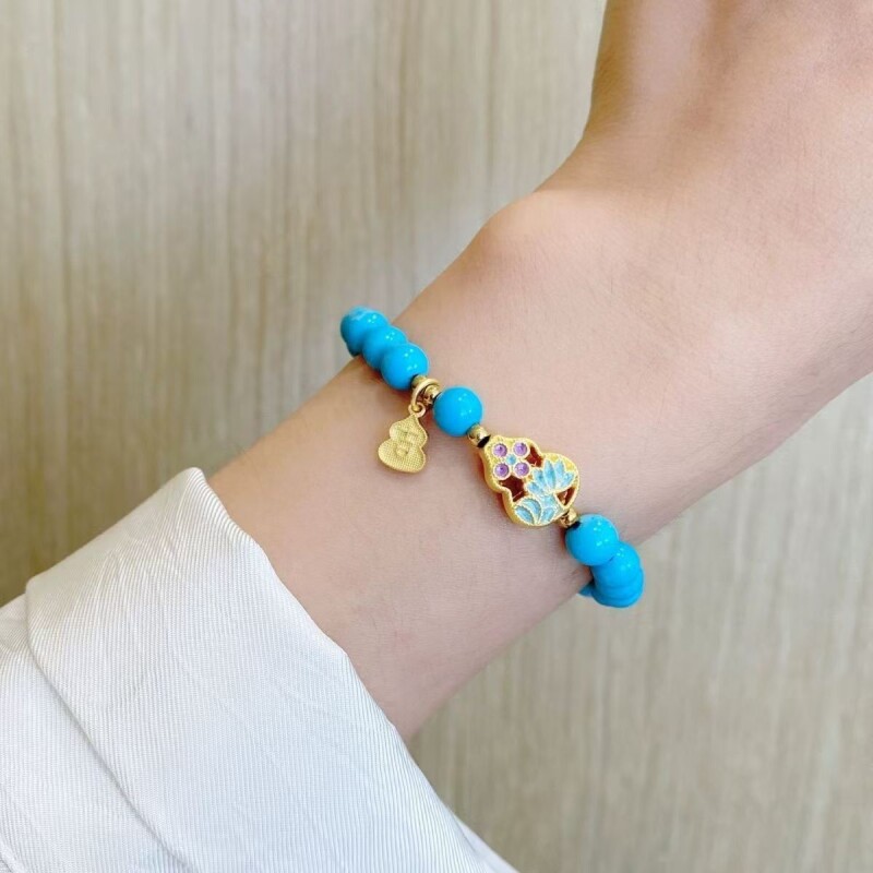 天然原矿云盖高瓷蓝绿松石色饰品圆珠葫芦国风手串原创女手链手串