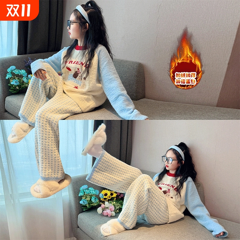 女童冬季睡衣半边绒半边绒秋冬款