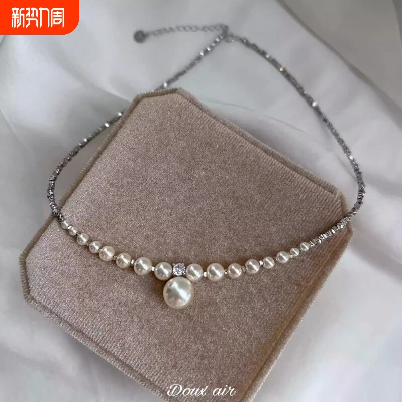 s925纯银碎银子施家珍珠项链女款2025新款爆款颈链渐变串珠锁