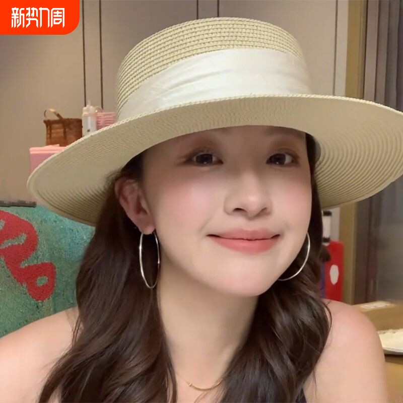 帽子女春夏法式英伦复古平顶帽遮阳帽草帽海边度假沙滩时尚防晒帽