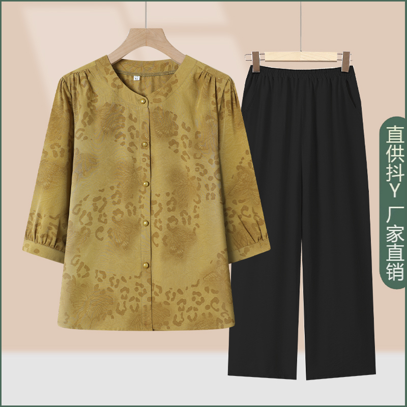 2025新款冰丝套装中老年女装夏季中袖衬衫妈妈夏装奶奶短袖两件套
