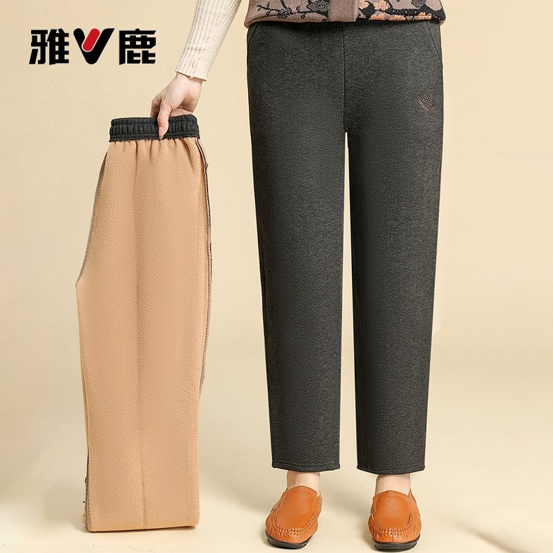 雅鹿妈妈秋冬加绒裤子女中老年人奶奶冬装加厚休闲裤老人保暖可穿
