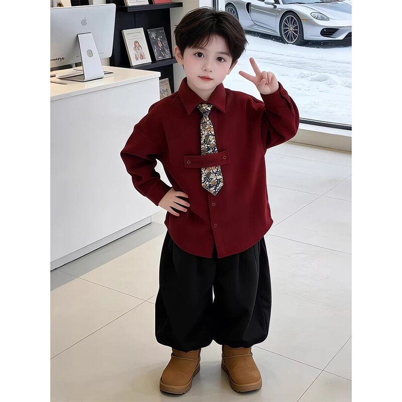 男童拜年服2026新款小男孩帅气加厚红外套儿童秋冬新年衬衫领带