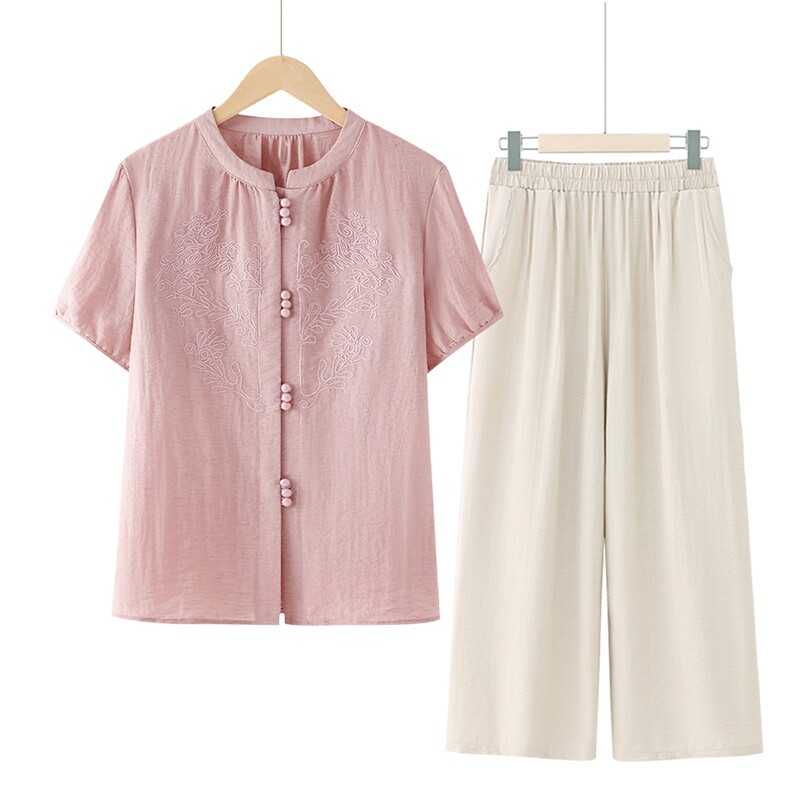 新中式妈妈夏装短袖洋气国风上衣中老年人女夏天t恤套装衣服新款