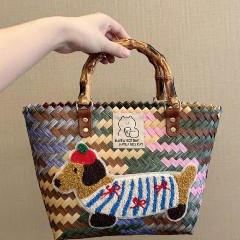 腊肠狗编织包菜篮子复古藤编手提包竹节草编包纯手工竹编包沙滩包