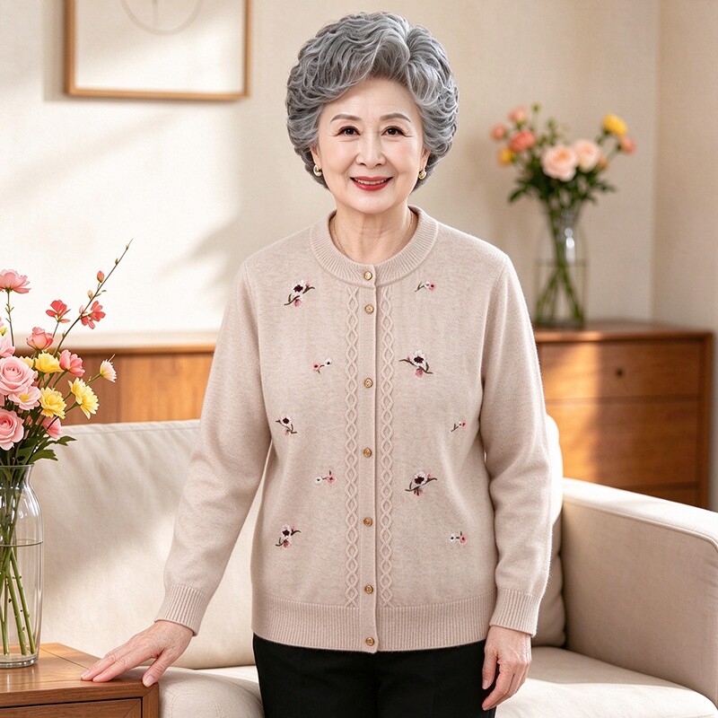 中老年人女装春秋女奶奶秋装毛衣外套妈妈秋冬上衣老人针织衫开衫