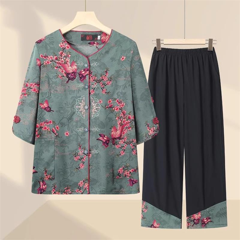 老年人夏装女奶奶夏天短袖套装60岁70妈妈衬衫老人衣服老太太新款