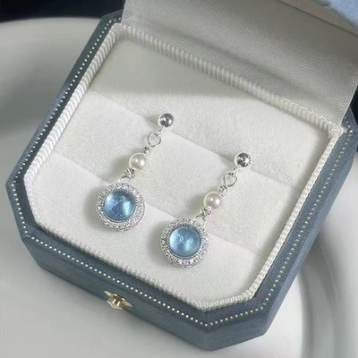 「岚山之风」蓝色海蓝宝耳夹女无耳洞耳环轻奢简约法式高级感耳饰