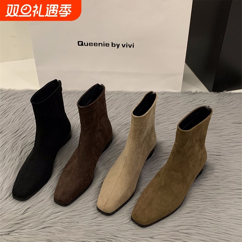 短靴女2025秋冬新款显瘦粗跟靴子法式弹力绒面瘦瘦靴女方头中跟