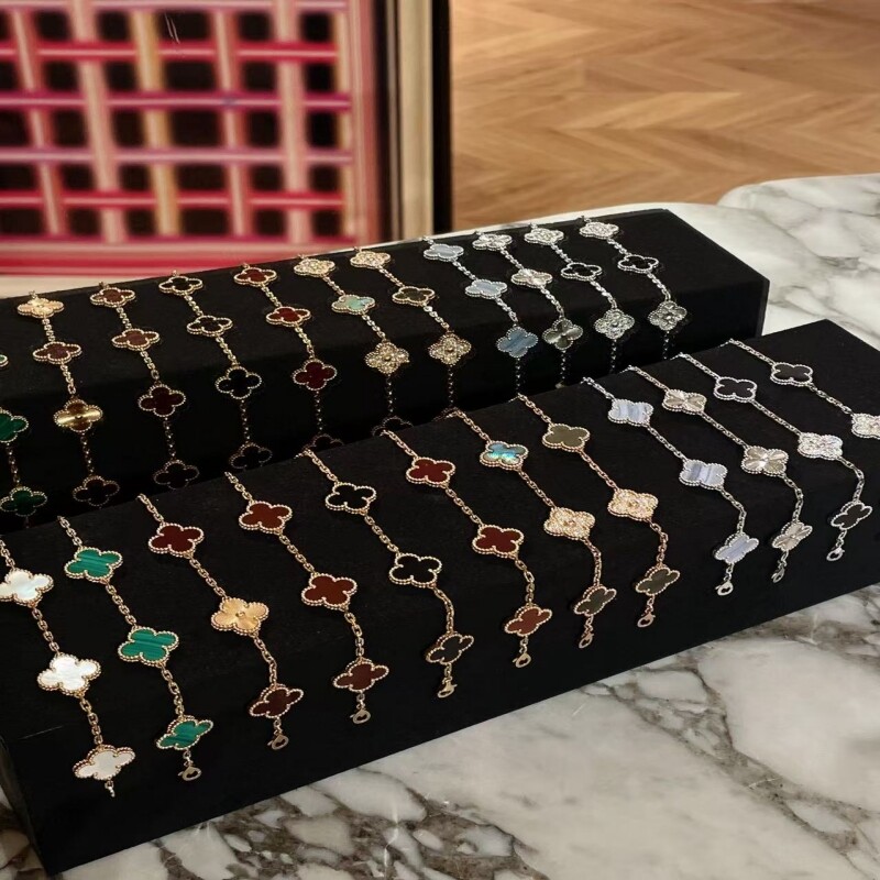 高端版四叶草五花手链18K金黄红玉髓白贝母玛瑙镭射玫瑰金手链女