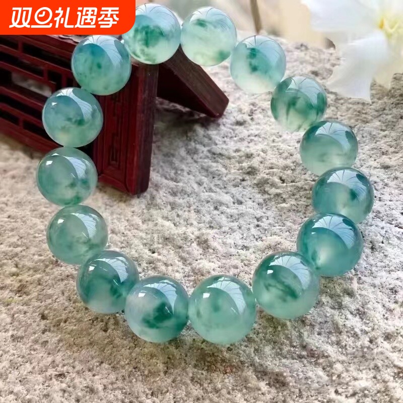 翡翠冰种飘花仿手串女款油青玉男女手链单圈散珠母亲节妈妈礼物