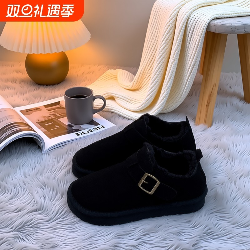 平底加绒保暖勃肯鞋毛毛棉鞋女2025新款冬季雪地靴豆豆鞋毛绒黑色