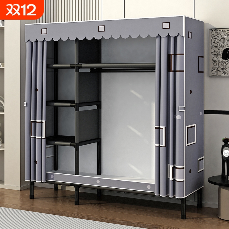 衣柜家用卧室简易组装布衣柜全钢架加粗加厚出租房结实耐用金属