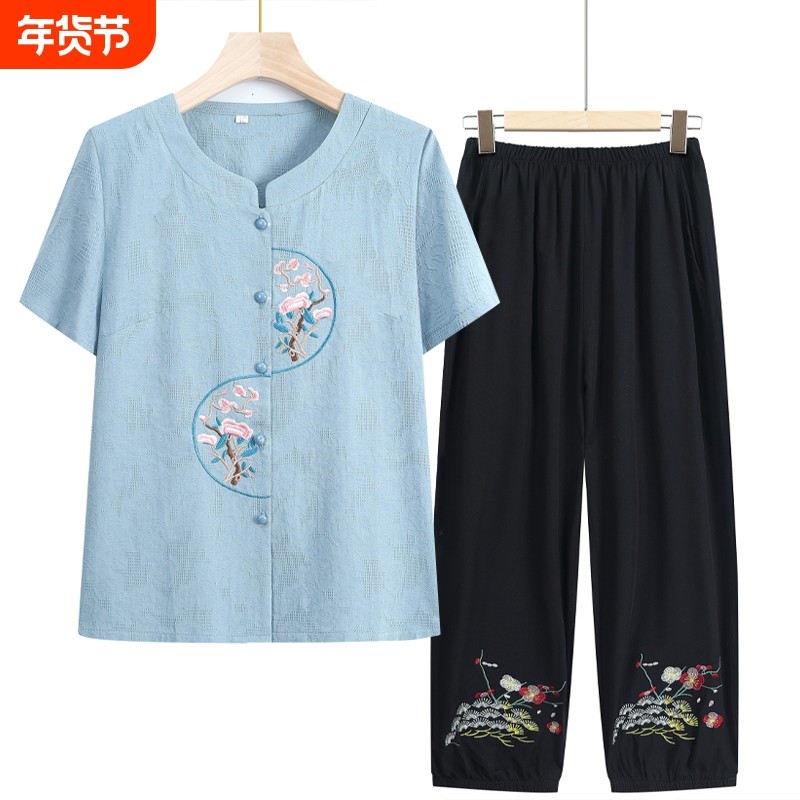 奶奶夏装妈妈夏季套装女纯棉短袖棉麻衬衫两件套中老年人衣服上衣