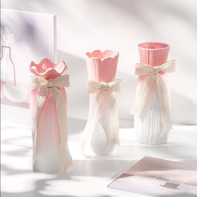 圣诞渐变粉色陶瓷花瓶干花玄关摆件轻奢高级感客厅插花家居装饰品