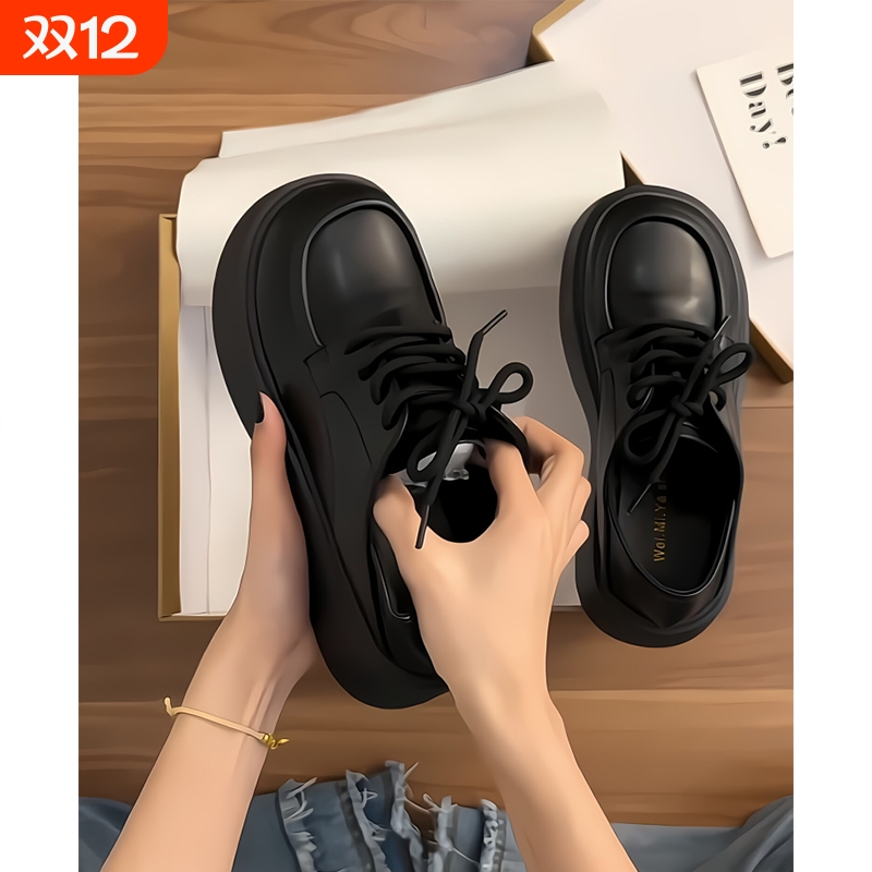 黑色英伦风小皮鞋女2025春夏季厚底系带乐福鞋单鞋配裙子不累脚