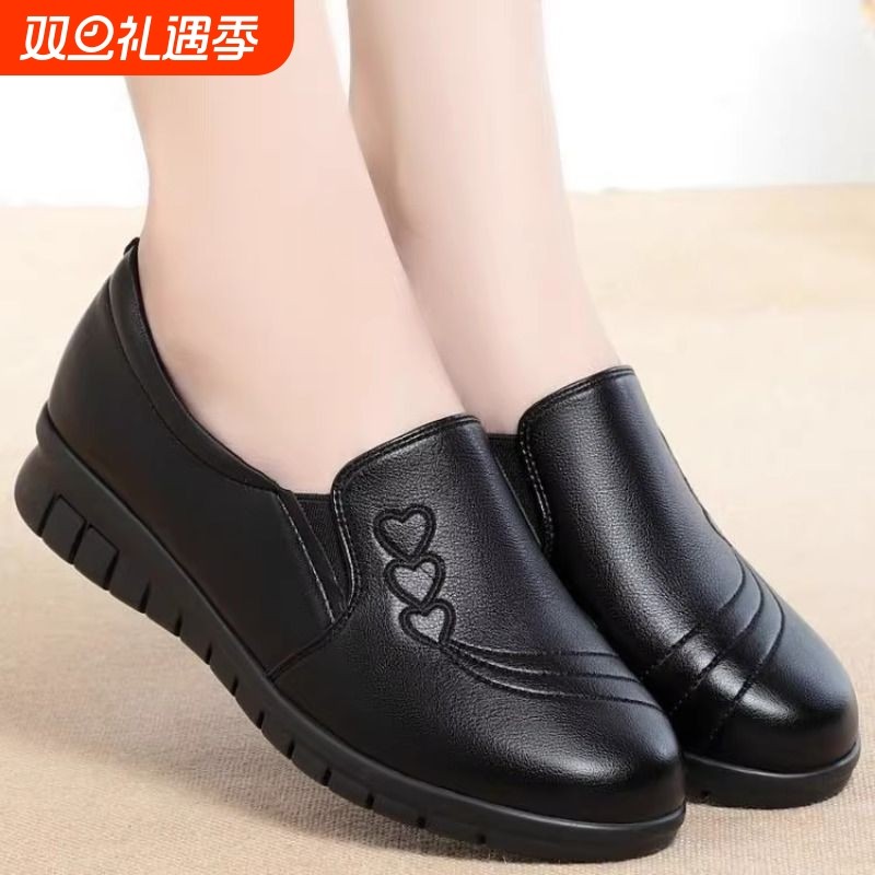 断码妈妈鞋单鞋女春秋防滑软底真皮平底舒适中老年人奶奶鞋