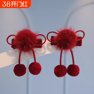 儿童公主顶夹发卡头饰新年喜庆对夹宝宝毛球蝴蝶结发夹粉色紫色