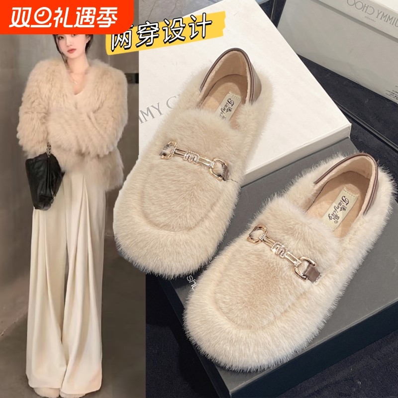 巨好看平底毛毛鞋女2025新款秋季一脚蹬毛绒玛丽珍豆豆鞋加绒棉鞋