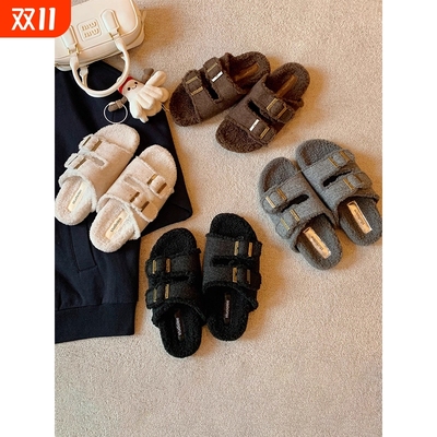 葡萄妈studiolee 懒人双扣带外穿百搭厚底毛毛勃肯拖鞋女秋冬外穿