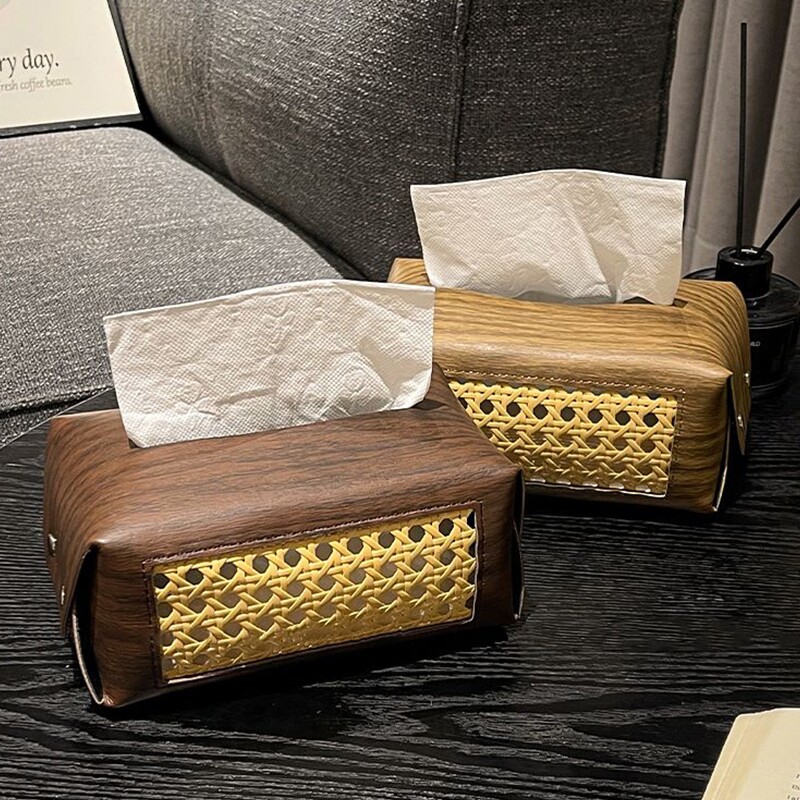 木质皮革抽纸盒中古风客厅轻奢高级感装饰纸巾盒创意纸巾套藤编
