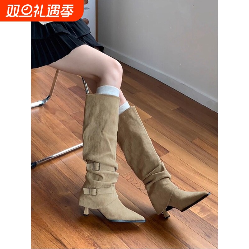 复古尖头堆堆靴女2025春秋新款英伦风不过膝高筒靴褶皱西部骑士靴