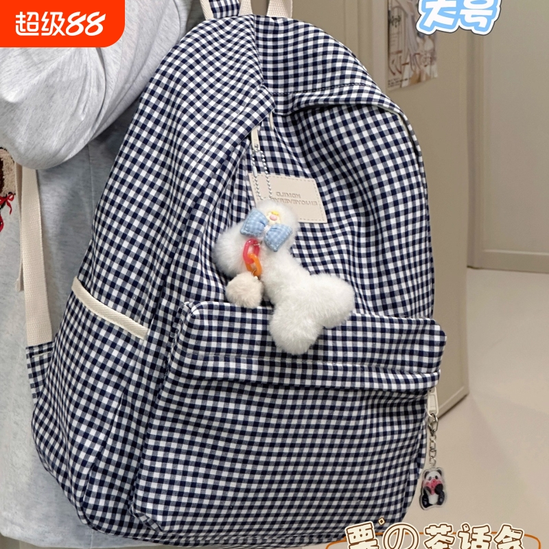茶话会日系ins格子双肩包 初中高中学生书包女生休闲百搭轻便背包