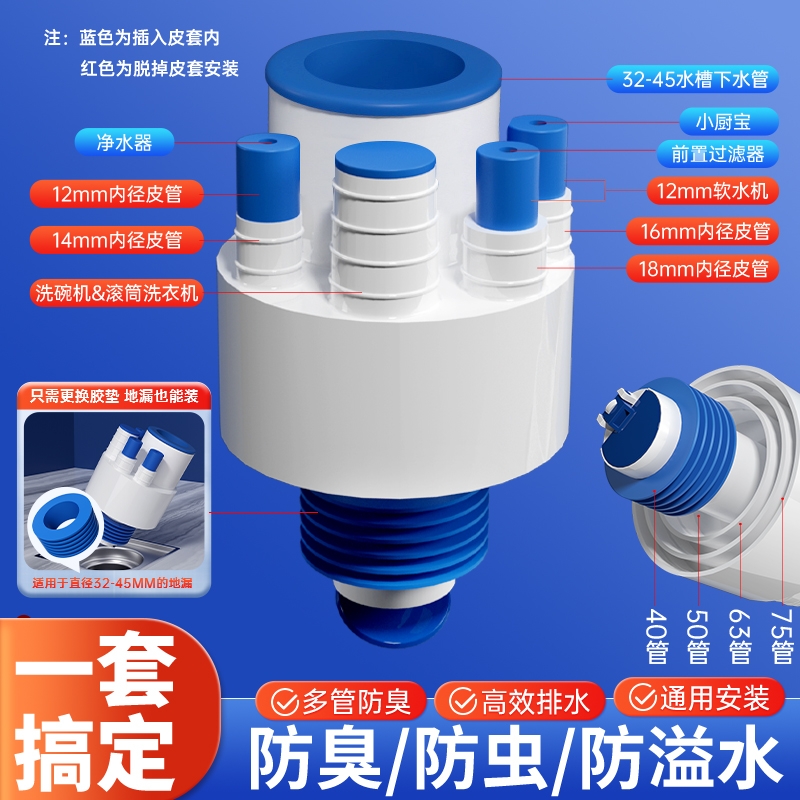 厨房下水管三通洗菜盆排水三头通防臭神器防返臭分水器接头水槽道