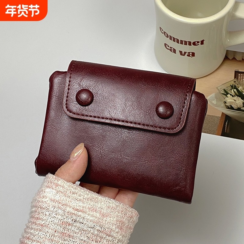 复古真皮质感钱包女士短款2026新款小清新学生多卡拉链皮夹零钱包