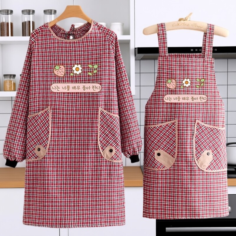 新款围裙女厨房家用棉布做饭围兜2024防油上班工作服长袖罩衣耐磨