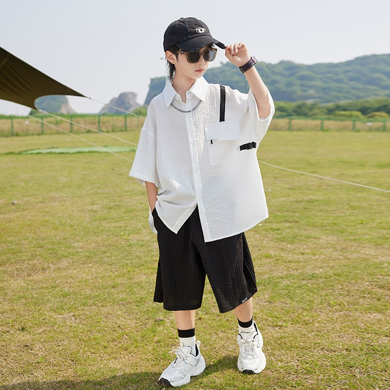 男童夏装套装2025新款儿童夏季薄款短袖衬衫中大童夏款洋气男孩潮
