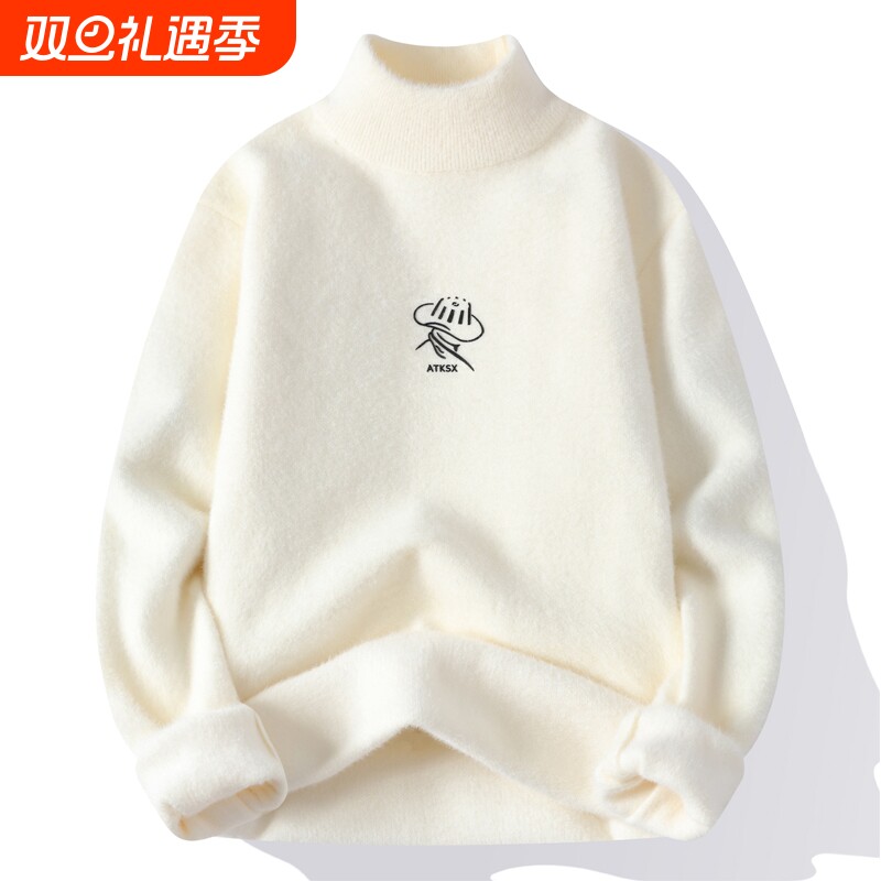冬季高档仿水貂绒加厚保暖毛衣男士半高领毛绒衫宽松内搭针织衫男