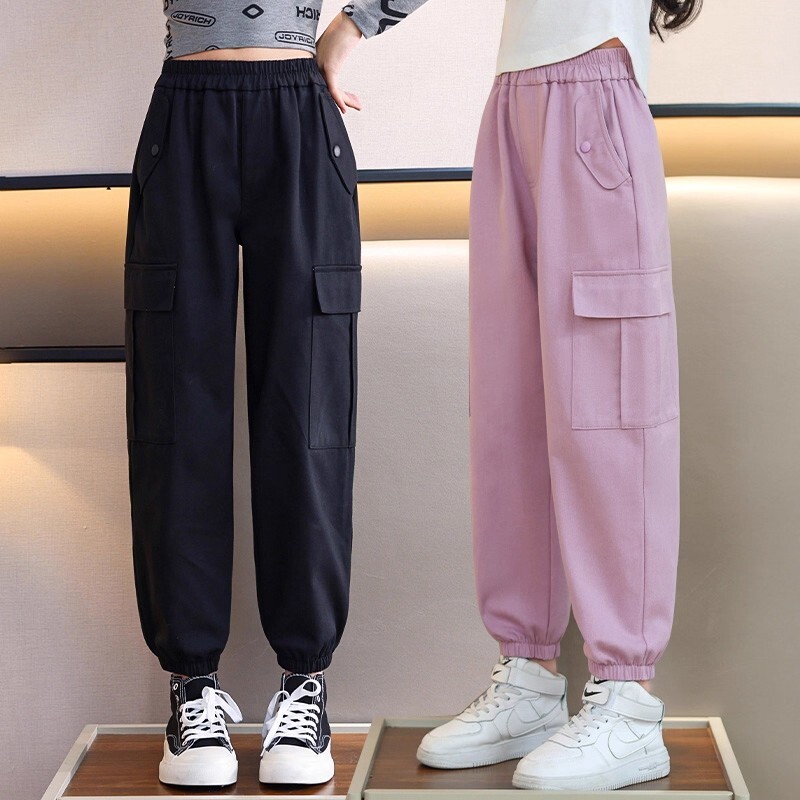 裤子女童工装裤春夏款2026新款儿童女大童春秋女孩休闲运动裤黑色图片