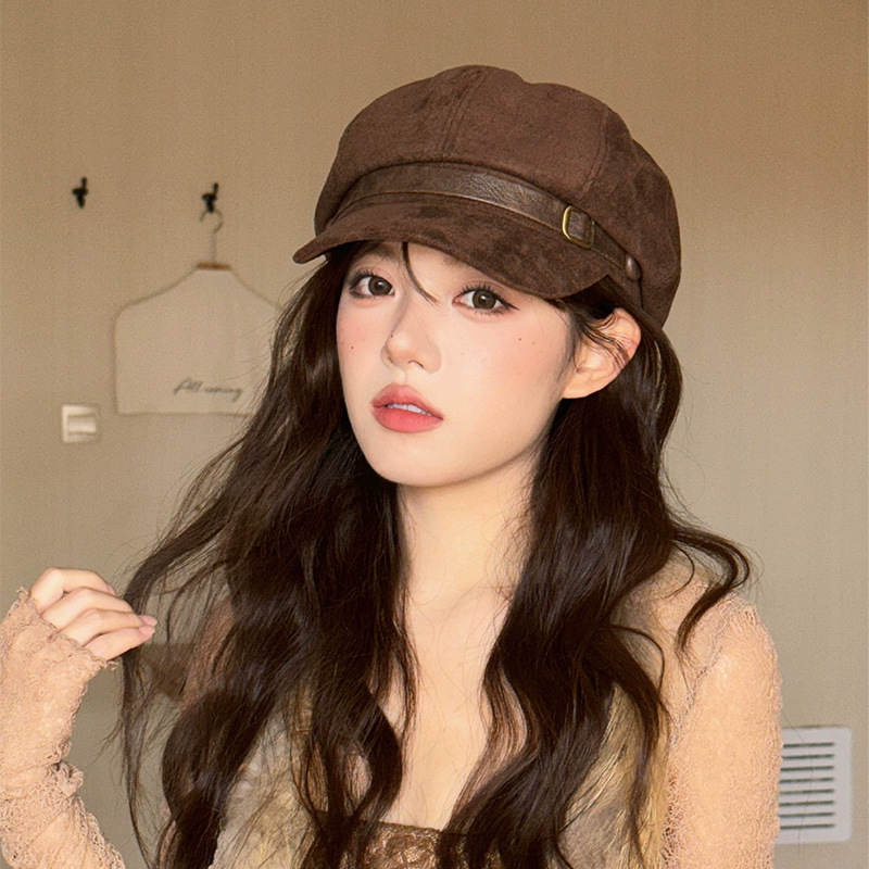 秋冬新款麂皮绒复古八角帽女韩系贝雷帽皮带画家报童帽子显脸小