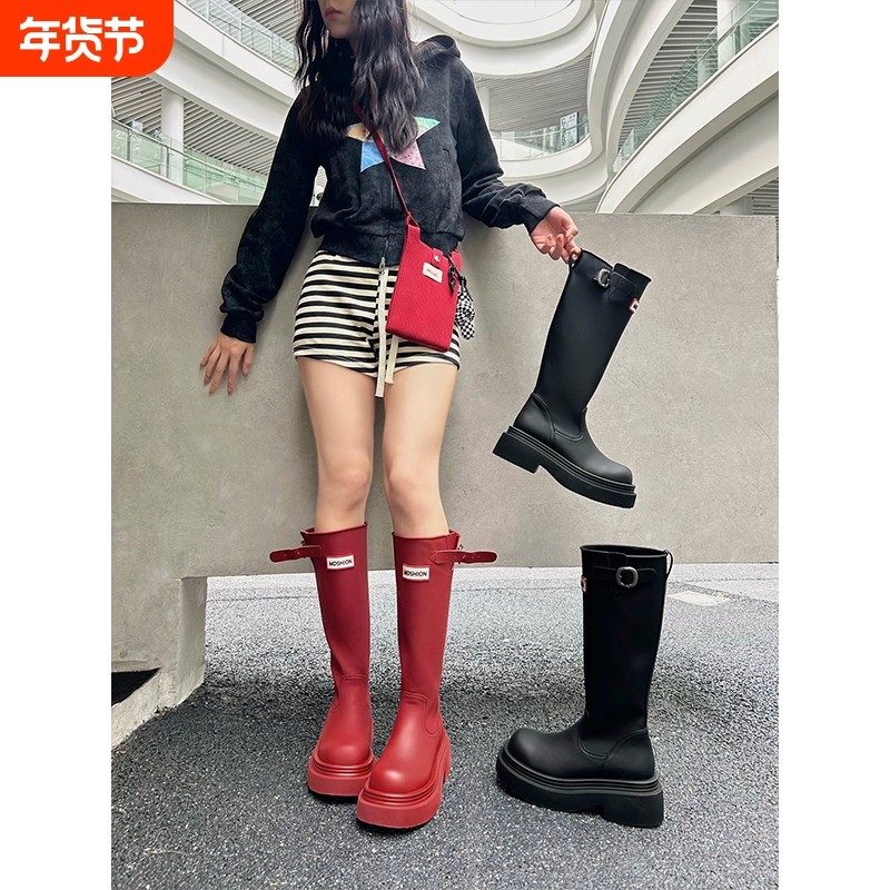 厚底防滑高筒红色雨靴子雨鞋2025户外不过膝长筒靴骑士靴黑色圆头