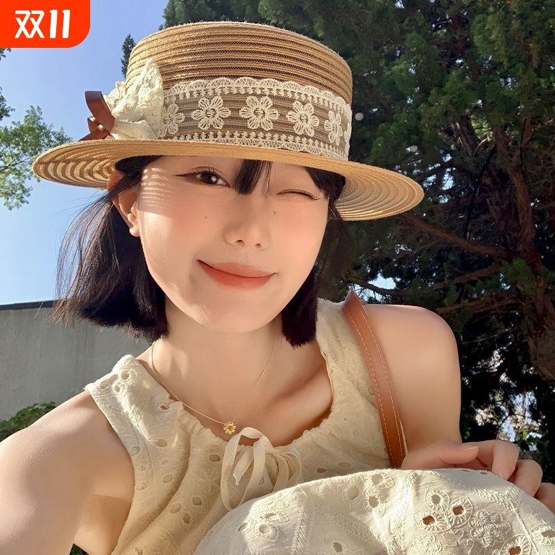法式蕾丝蝴蝶结平檐草帽
