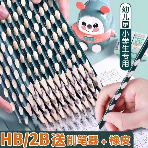 洞洞铅笔小学生专用幼儿园初学者一二年级2B铅笔矫正握姿大三角HB2比练字考试涂卡正品无毒写字海豚素描原木